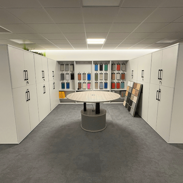 material wall with height adjustable adhoc table mobili skipton showroom