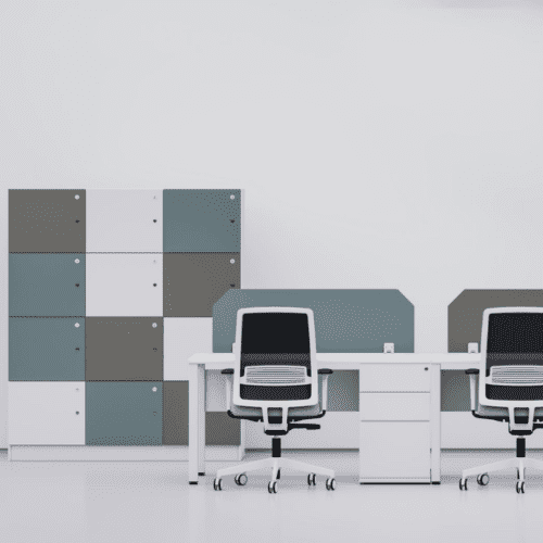 white pure desk with teal desk mounted screens and matching office locker