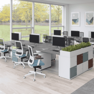 bank of 6 veta benhc desk with bts lockers in slate and white form imperial office furniture uk manufactured