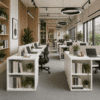 imperial bookcase desk high in white at the ends of banks of white desks, interior modern with feature walls and lighting