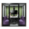 front view of hoozone meeting pod 4 person with green and purple interior, black framed office commercial pod uk manufactured