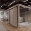 Connection rooms, with acoustic wall screens and slatted ceiling