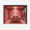 Connection Learning room office pod, red and beige neutral interior with feature lighting, high stools and poseur table, collaborative working area