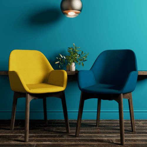 elite norden collaborative chair teal and yellow with wooden leg walnut stained