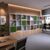 BT office bxs room divider up against the wall with acupanel and feature lighting in executive office