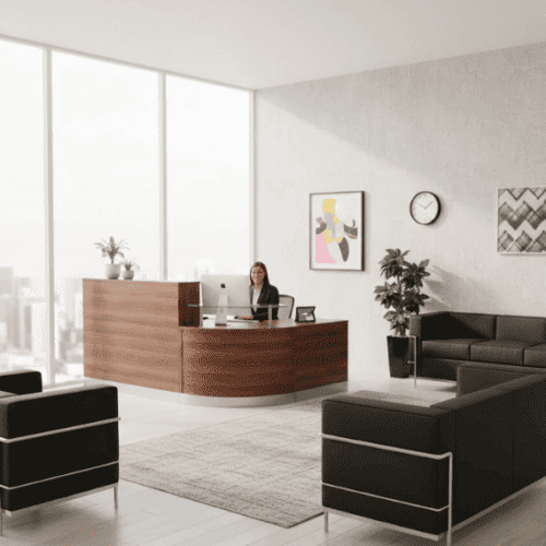 Budget reception desk, office interiors desk, sleek style desk, budget friendly desk , oak desk