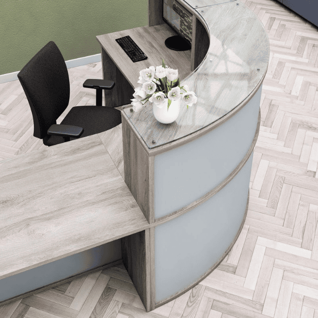 close up of rustic finish partnered with grey for the modesty panel reception desk ideas