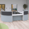 fjord and slate grey partneredwith white finish for a modern reception desk. receptiv desk available to buy in the UK