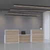 verade oak modesty panel with white desktop and feature sides, with black linnear lighting recpetion desk options uk manufcatured. receptiv reception desk
