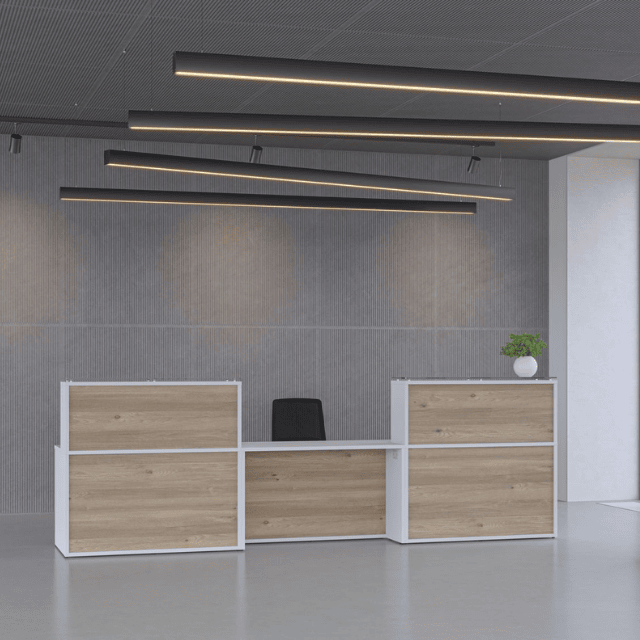 verade oak modesty panel with white desktop and feature sides, with black linnear lighting recpetion desk options uk manufcatured. receptiv reception desk