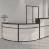 receptiv reception desk from imperial office furniture with black and nordic finishes with japanese glazing in background.