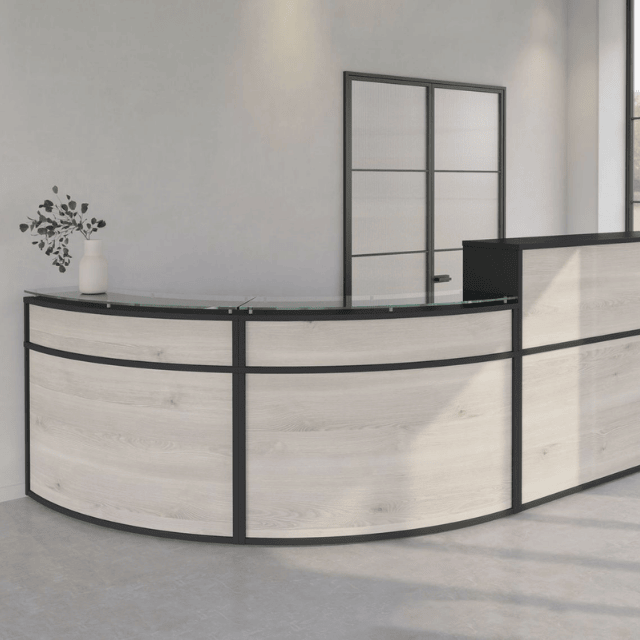receptiv reception desk from imperial office furniture with black and nordic finishes with japanese glazing in background.