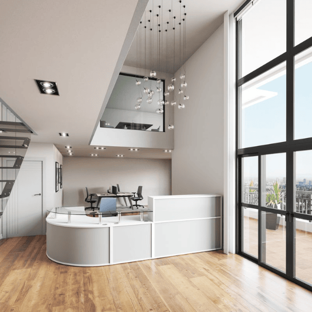 atrium with receptiv reception desk. lobby welcome ideas with tear drop pendant lighting with oak floors