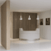 small receptiv reception desk with feature acupanel wall behind with pendant lighting above