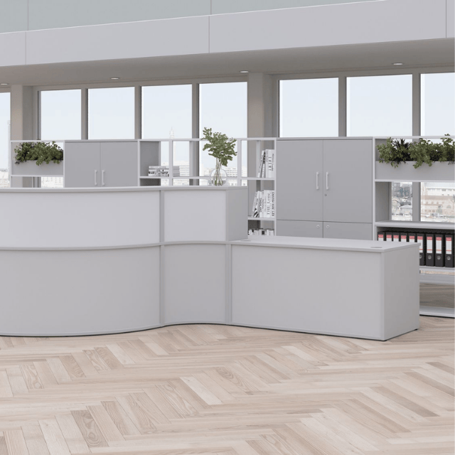 accessible receptiv reception desk in modern grey with matrix storage system behind