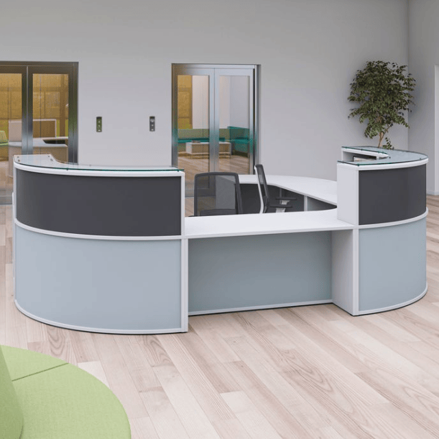 fjord and slate grey partneredwith white finish for a modern reception desk. receptiv desk available to buy in the UK