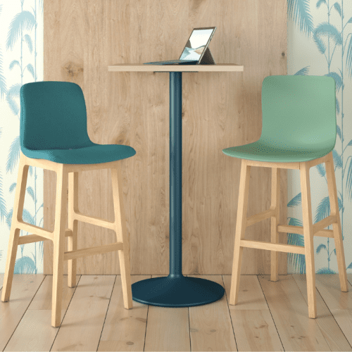 Elite Bill Stool with teal fabric and wooden legs