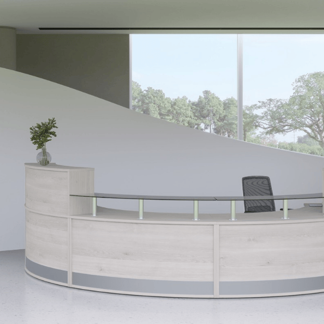 large curved radial corner receptiv reception desk uk manufactured with kick plate and glass feature top