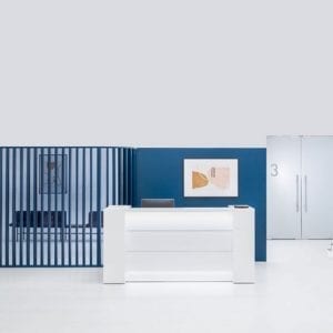 Valde Reception Desk shown Shown in a modern office