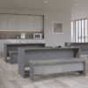 grey cafe area open plan with escape panel end benches in dark wood with dark grey features close up