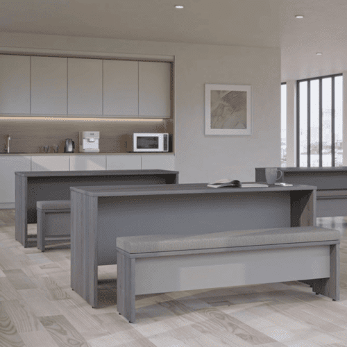 grey cafe area open plan with escape panel end benches in dark wood with dark grey features close up