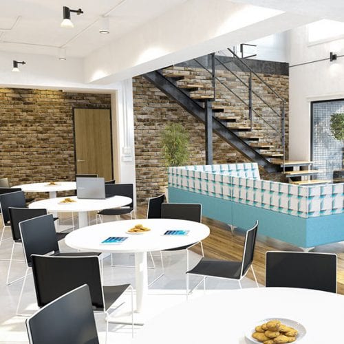 White Circular Reunion breakout office tables with white circular pillar base