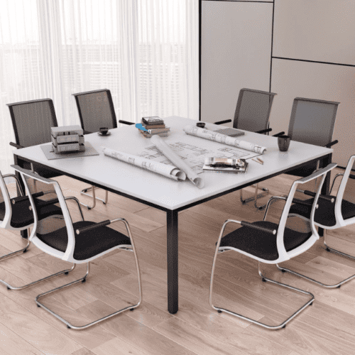 8 person knok meeting table in white with black frame and feature mesh back meeting chair with cantilever base