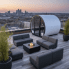 six person enclosed with glass front outdoor pod, uk manufactured on roof terrace in white with modular garden furniture in grey with moody lighting and sunset