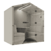 four person pod with glass door and led lighting in beige fabric on white background