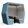 4 person bill office pod with back wall and feature led lighting in blue and cream fabric with wooden table top and black leg
