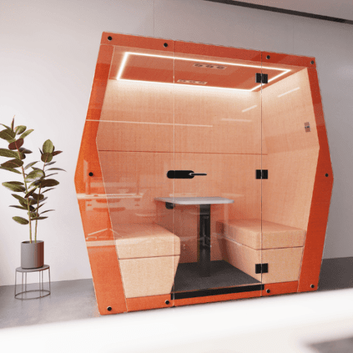 orange bill office pod with feature led lighting enclosed 4 person office pod perfect addition for acoustic quiet spaces in open plan offices