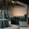 open 2 person bea pod in the london jdd furniture showroom, in green and grey fabric