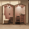 JDD bea office pod with pink interior and lLED Lighting, workstation and telephone booth