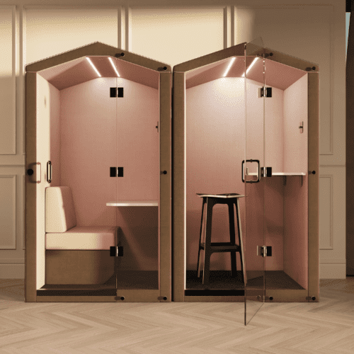 JDD bea office pod with pink interior and lLED Lighting, workstation and telephone booth