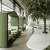 JDD Bea Booth in Green Two Person with plant nearby, collbaortive office furniture