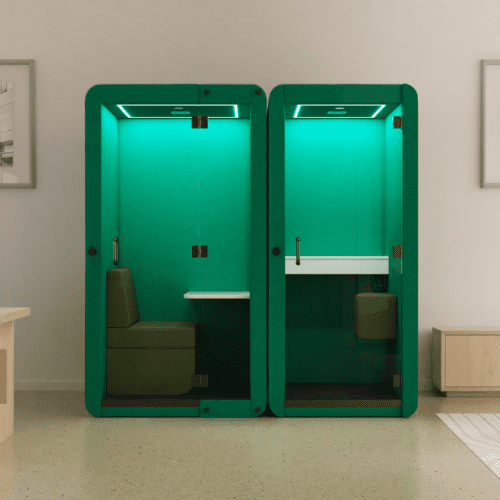 JDD Penelope Telephone Booth and Workbooth with glass front in green with lighting JDD Furniture