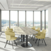 d end sirius meeting table in natural with a black circle t base leg with yellow chairs