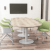 d end natural with black circular base in white sirius meeting table metal leg and green and white mmeeting chairs on castors