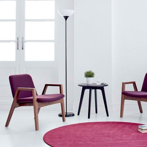 purple agent lounge chair with arms and oak base