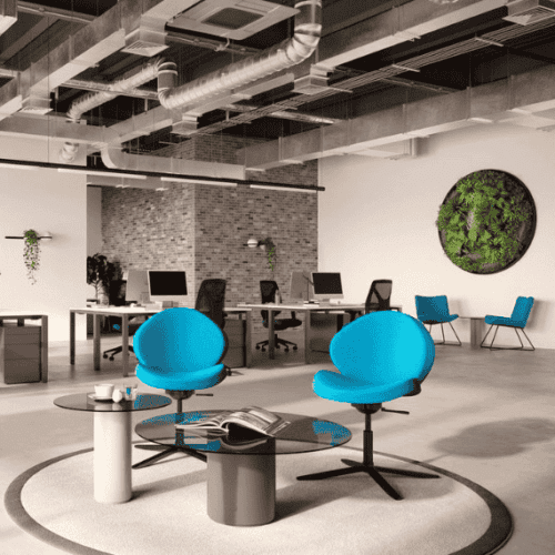 Blue fabric four star based chairs with height adjustment