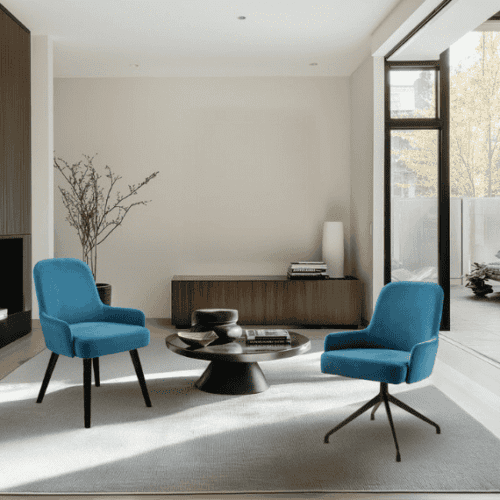 Knik Chair meeting chairs. Blue fabric, black base on chairs,