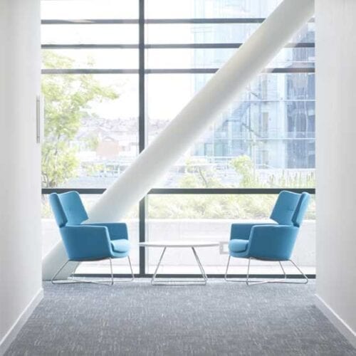blue kala lounge chairs with view of outside