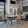 Elite Office furniture hampton swivel chair with beige fabric and large light above head. Small meeting table set up. Office space solutions