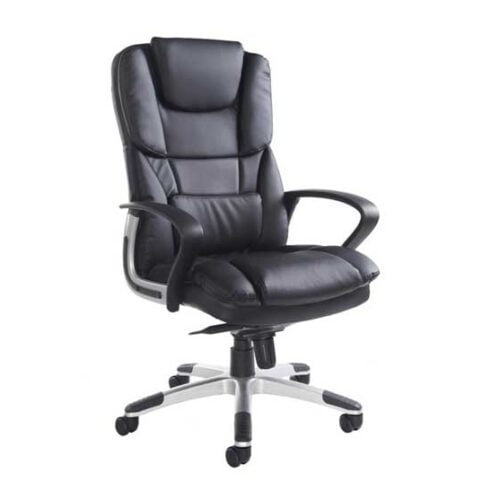 Padded black leather executive office chair on white background
