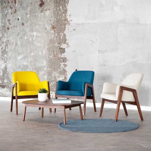 Lusso lounge chair in yellow, blue, and white with matching coffee table