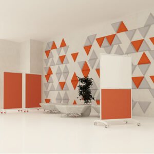 Screen innovations rio mobile floor standing screens with orange fabric and whiteboard