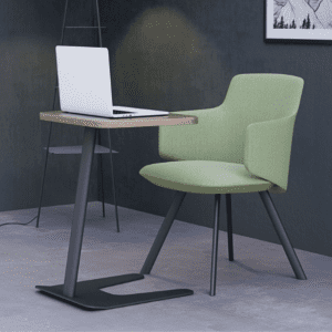 Imperial office furniture laptop stand table in oak with black leg with green lounge chair and four leg black base