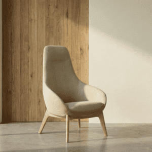 aria lounge chair high back in beige boucle fabric with wooden legs with feature wall in background uk manufactured