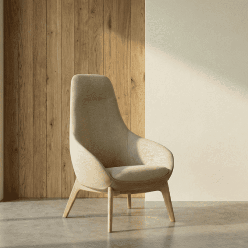 aria lounge chair high back in beige boucle fabric with wooden legs with feature wall in background uk manufactured