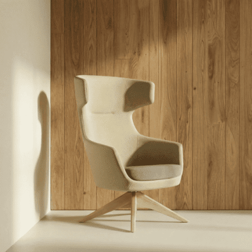 ava lounge chair from identity furniture in beige fabric with wooden legs